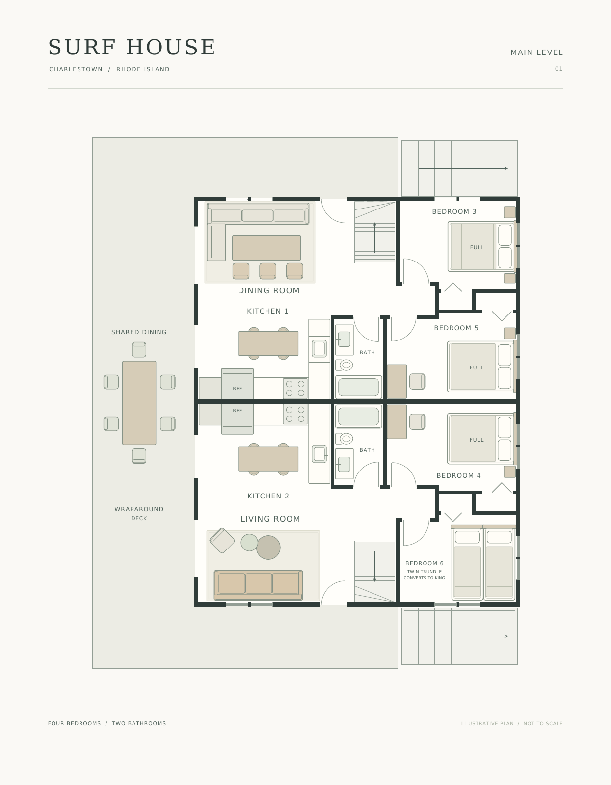 Main level: four bedrooms, two kitchens, two bathrooms, living and dining areas, and wraparound deck